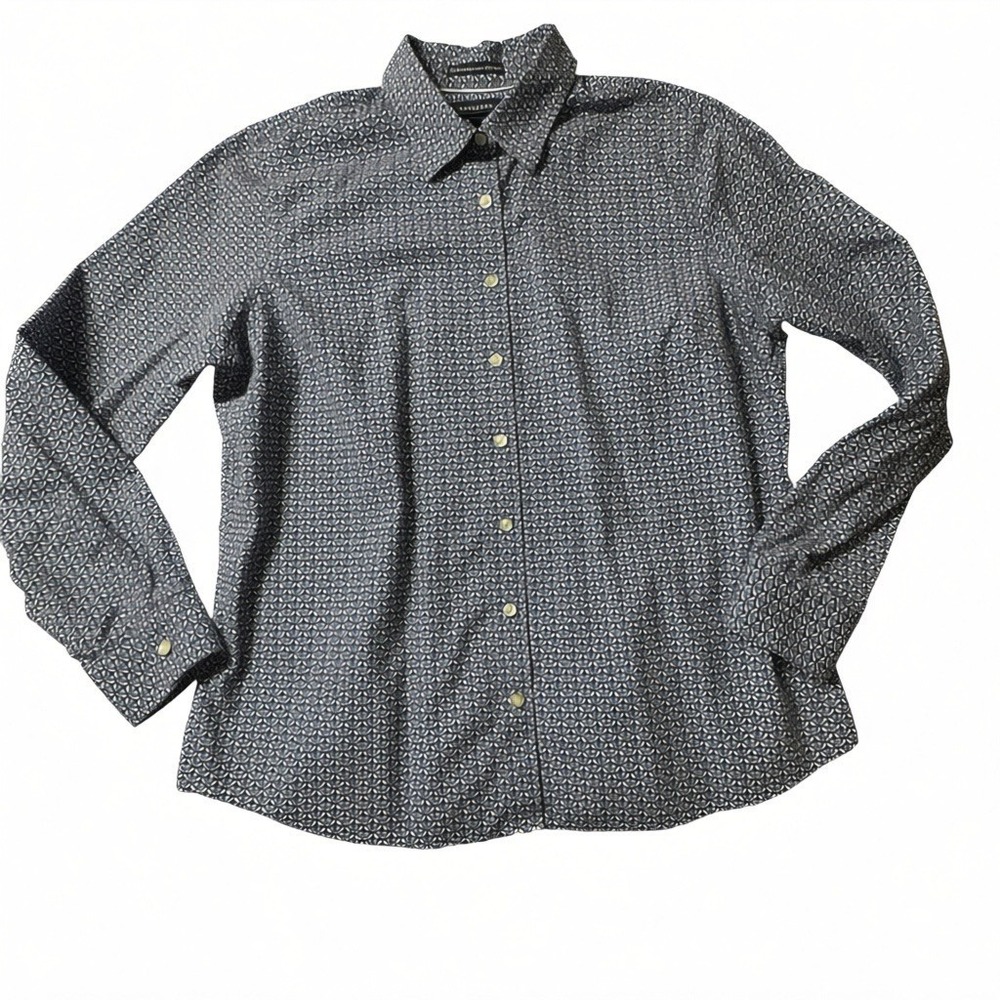 Lands End Oxford Shirt Womens 16 Blue Geometric No Iron Pinpoint Preppy Classic